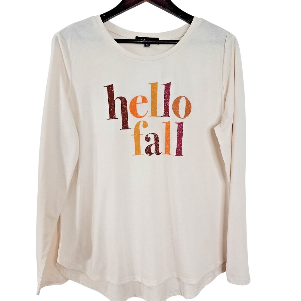 State of Mine Womens XL Hello Fall Graphic Long Sleeve T Shirt Cream NWT